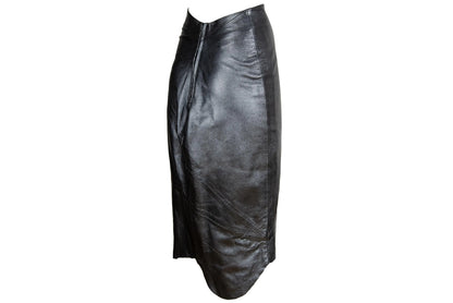 Fatima Lopes Vintage 2000s Black Leather Skirt – Avant-Garde asymmetrical raw natural hem leather skirt