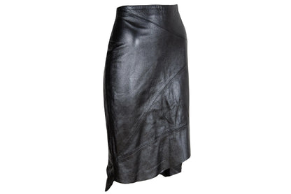 Fatima Lopes Vintage 2000s Black Leather Skirt – Avant-Garde asymmetrical raw natural hem leather skirt