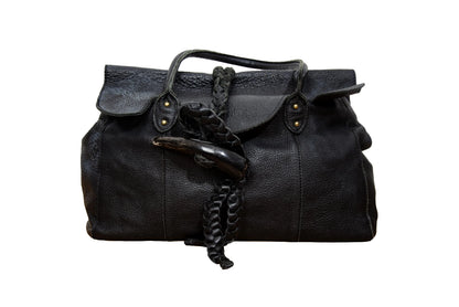 Vintage Japanese pebbled leather bag with horn detail