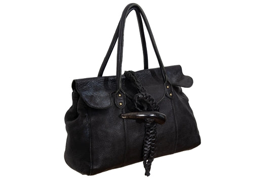 Vintage Japanese pebbled leather bag with horn detail
