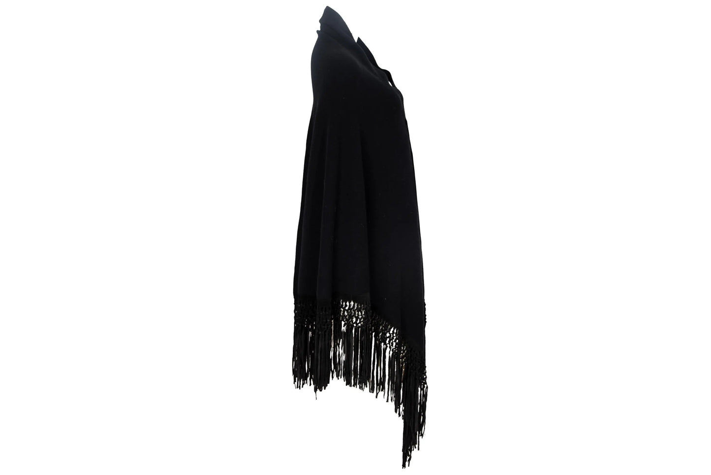 Vintage cashmere & silk knotted fringe oversized black knit triangle shawl