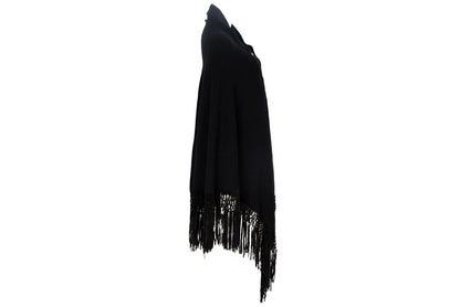Vintage cashmere & silk knotted fringe oversized black knit triangle shawl