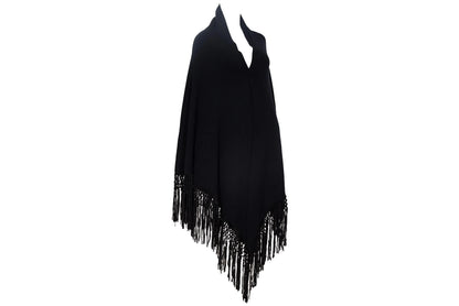 Vintage cashmere & silk knotted fringe oversized black knit triangle shawl