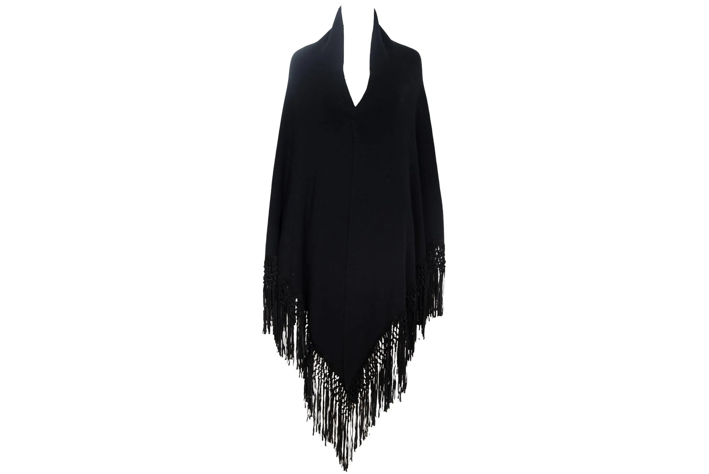 Vintage cashmere & silk knotted fringe oversized black knit triangle shawl