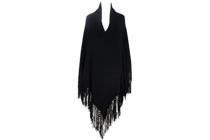 Vintage cashmere & silk knotted fringe oversized black knit triangle shawl