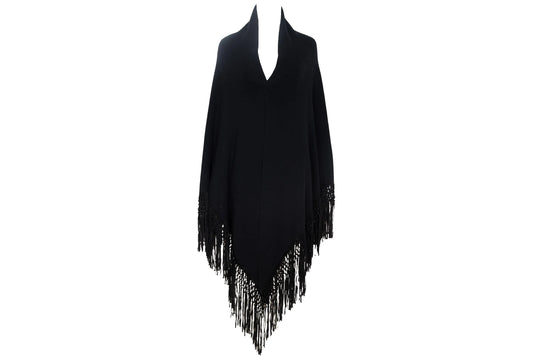 Vintage cashmere & silk knotted fringe oversized black knit triangle shawl
