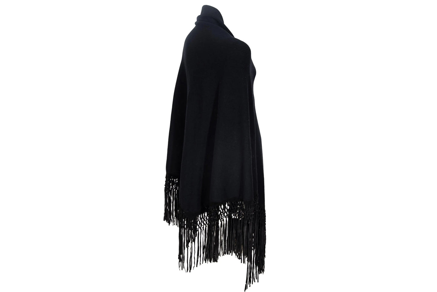 Vintage cashmere & silk knotted fringe oversized black knit triangle shawl