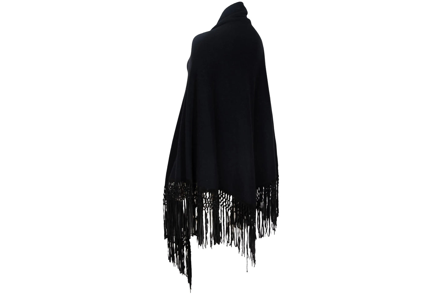 Vintage cashmere & silk knotted fringe oversized black knit triangle shawl