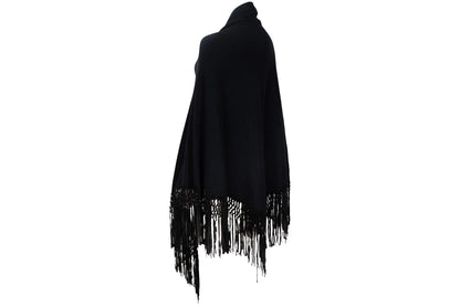 Vintage cashmere & silk knotted fringe oversized black knit triangle shawl