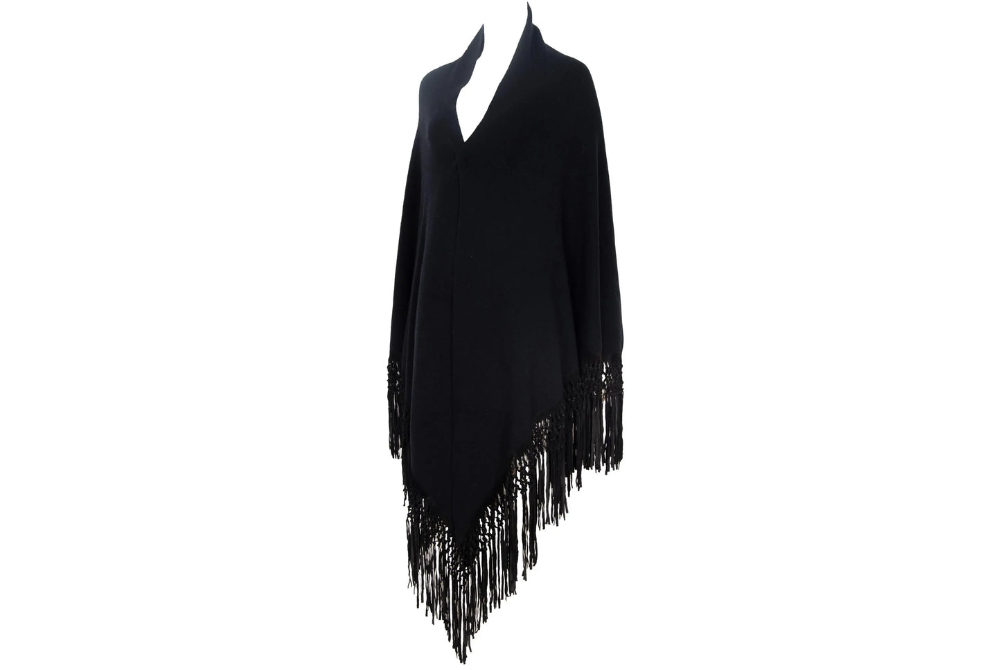 Vintage cashmere & silk knotted fringe oversized black knit triangle shawl