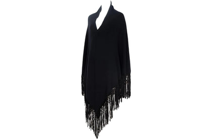 Vintage cashmere & silk knotted fringe oversized black knit triangle shawl