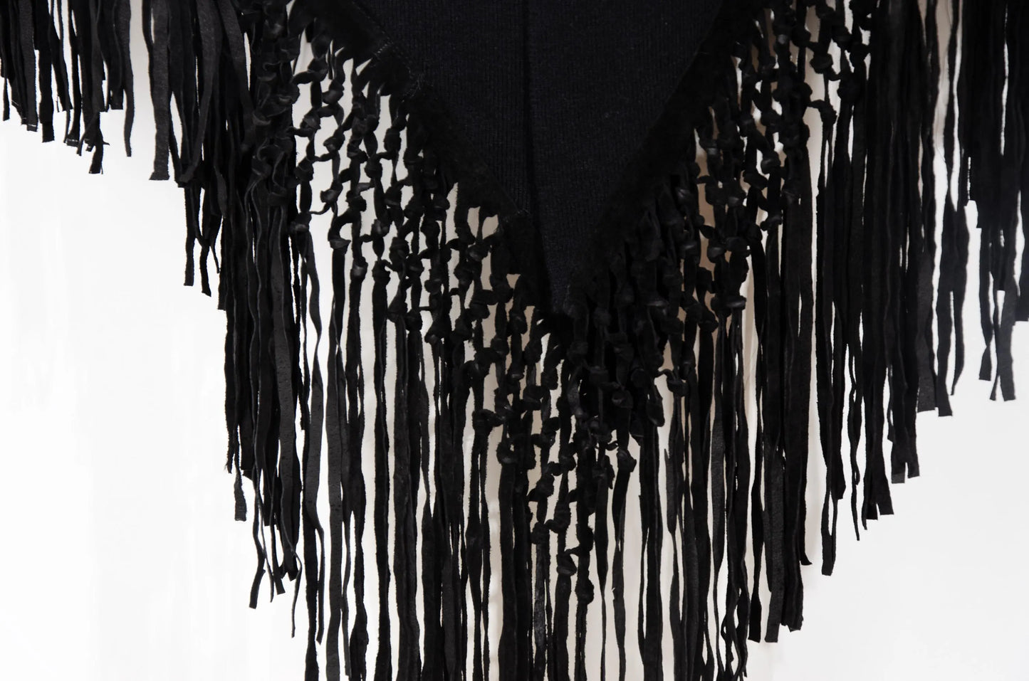 Vintage cashmere & silk knotted fringe oversized black knit triangle shawl