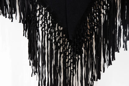 Vintage cashmere & silk knotted fringe oversized black knit triangle shawl