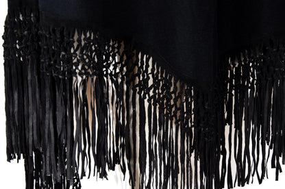 Vintage cashmere & silk knotted fringe oversized black knit triangle shawl