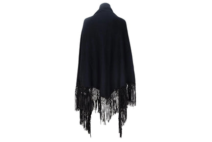 Vintage cashmere & silk knotted fringe oversized black knit triangle shawl