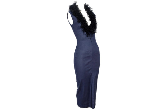 F/W 1997 Marcel Marongiu plunge neck dress with dramatic ribbon collar / Made in France