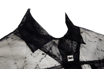 90s Biche de Bere black mesh spiderweb motif two piece shirt + skirt set