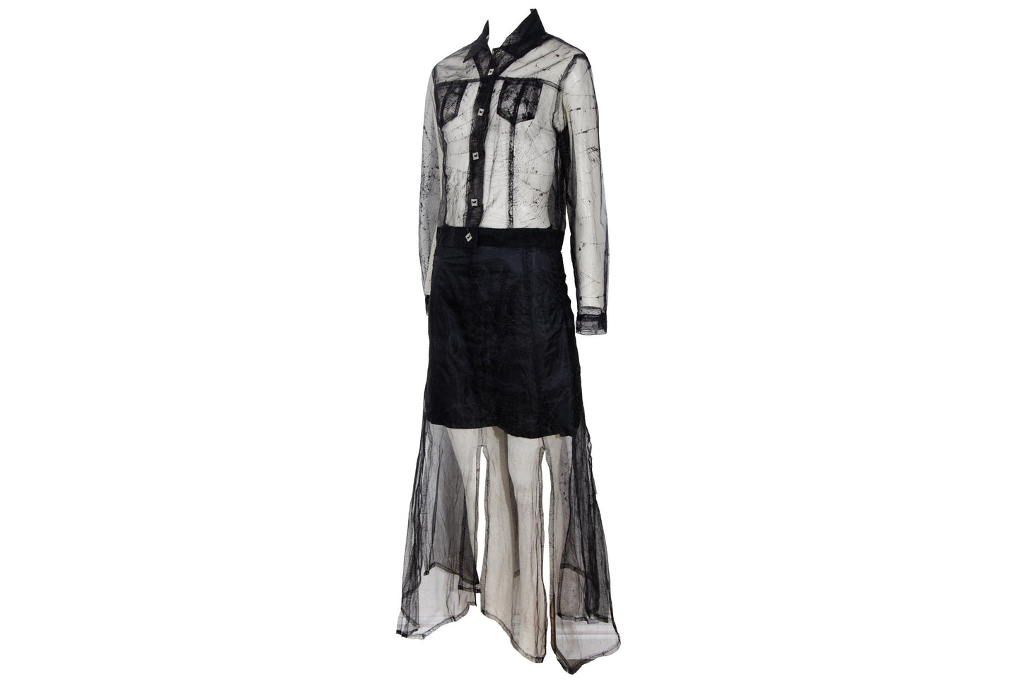 90s Biche de Bere black mesh spiderweb motif two piece shirt + skirt set