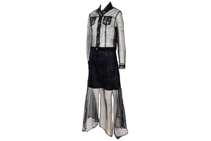 90s Biche de Bere black mesh spiderweb motif two piece shirt + skirt set