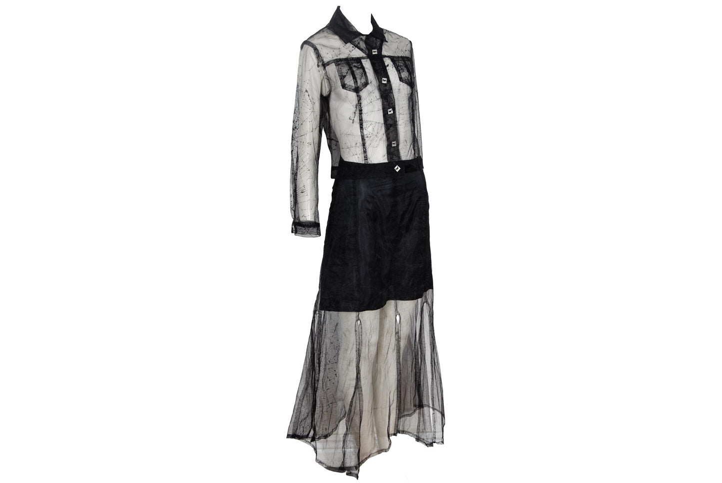 90s Biche de Bere black mesh spiderweb motif two piece shirt + skirt set