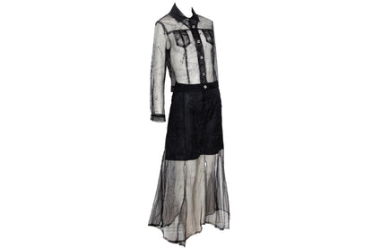 90s Biche de Bere black mesh spiderweb motif two piece shirt + skirt set