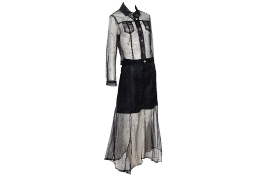90s Biche de Bere black mesh spiderweb motif two piece shirt + skirt set