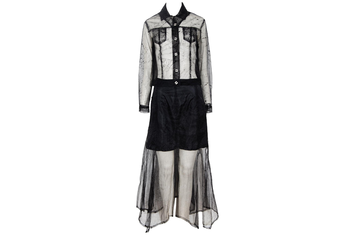 90s Biche de Bere black mesh spiderweb motif two piece shirt + skirt set