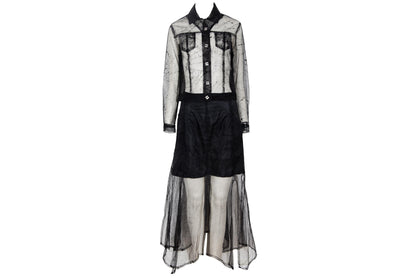 90s Biche de Bere black mesh spiderweb motif two piece shirt + skirt set