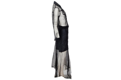 90s Biche de Bere black mesh spiderweb motif two piece shirt + skirt set