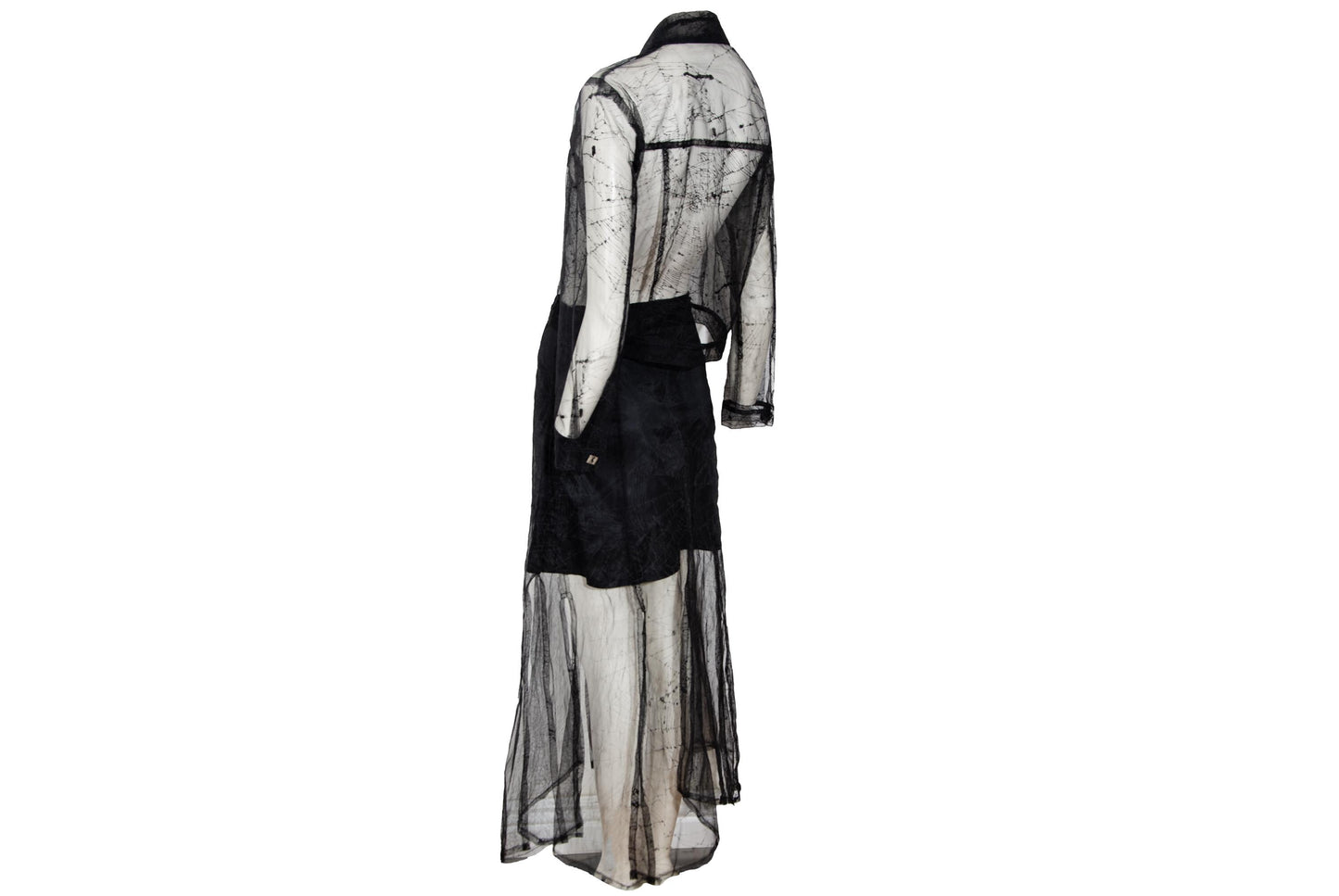 90s Biche de Bere black mesh spiderweb motif two piece shirt + skirt set