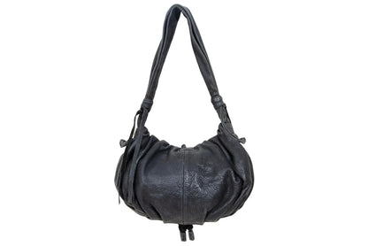 Vintage Japanese black pebbled leather handbag with horn detail