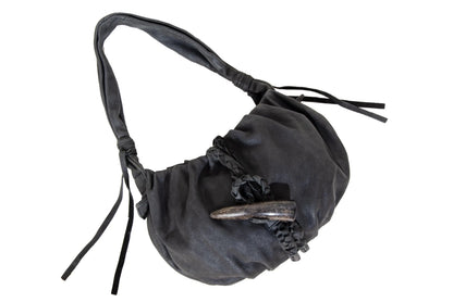 Vintage Japanese black pebbled leather handbag with horn detail