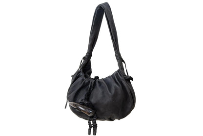 Vintage Japanese black pebbled leather handbag with horn detail
