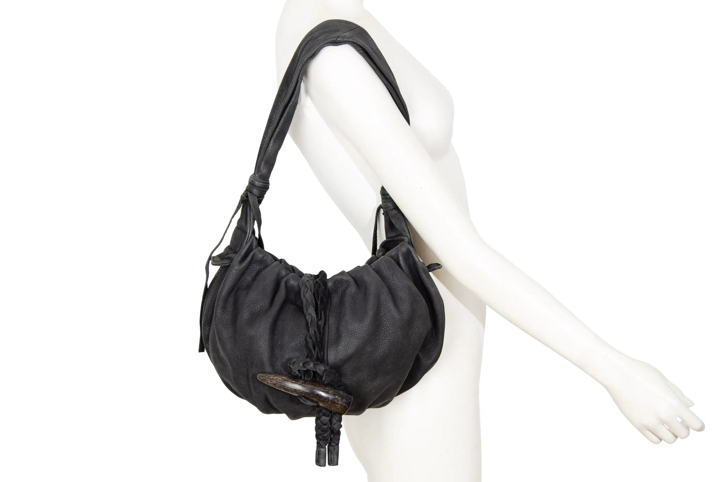 Vintage Japanese black pebbled leather handbag with horn detail