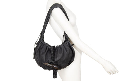 Vintage Japanese black pebbled leather handbag with horn detail