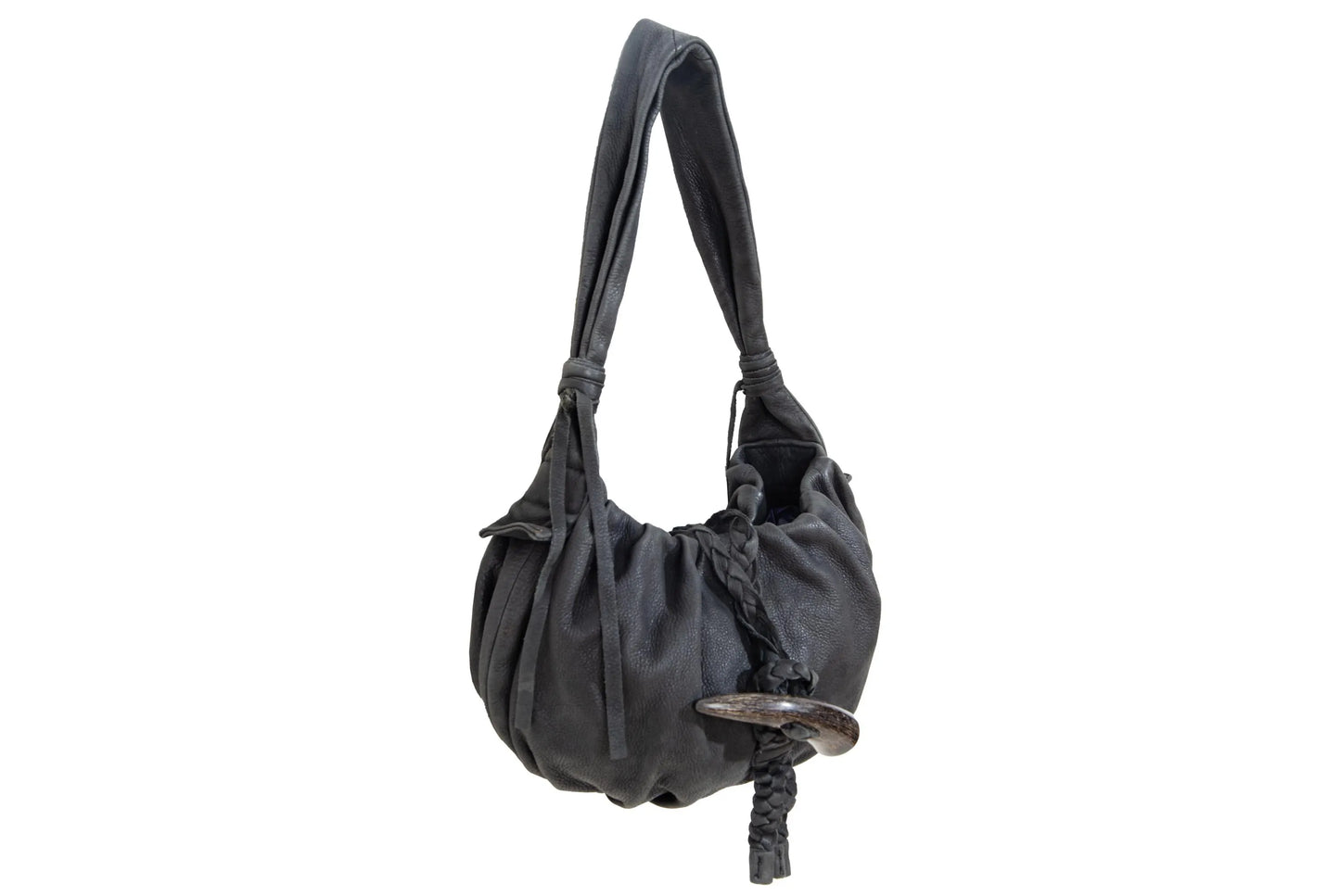 Vintage Japanese black pebbled leather handbag with horn detail
