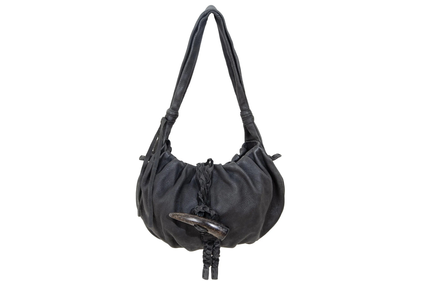 Vintage Japanese black pebbled leather handbag with horn detail