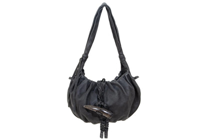 Vintage Japanese black pebbled leather handbag with horn detail