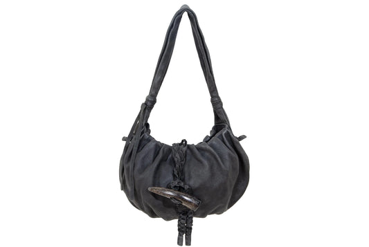 Vintage Japanese black pebbled leather handbag with horn detail