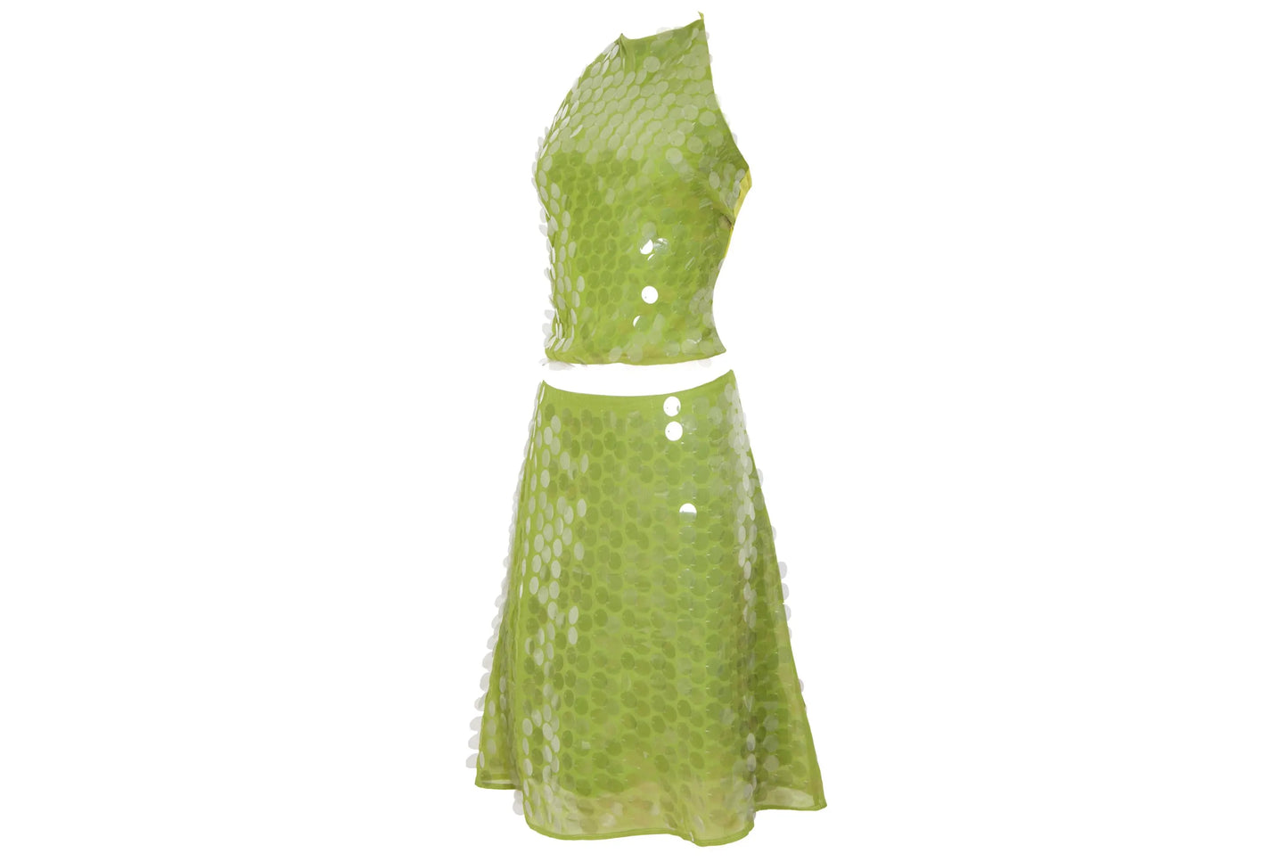 S/S 2002 Amaya Arzuaga top and skirt with large translucent plastic discs embellishments