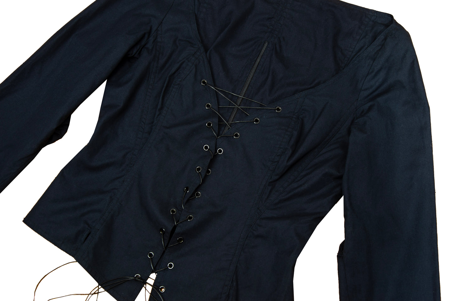 Vintage Easton Pearson black cotton corset inspired lace-up blouse with zip back opening