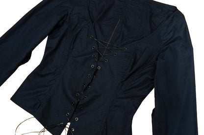 Vintage Easton Pearson black cotton corset inspired lace-up blouse with zip back opening