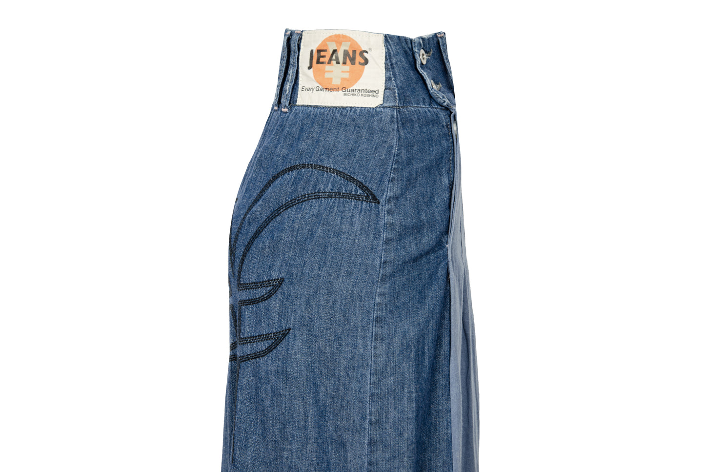 2000s Michiko Koshino two tone patchwork blue denim dramatic wide leg pants