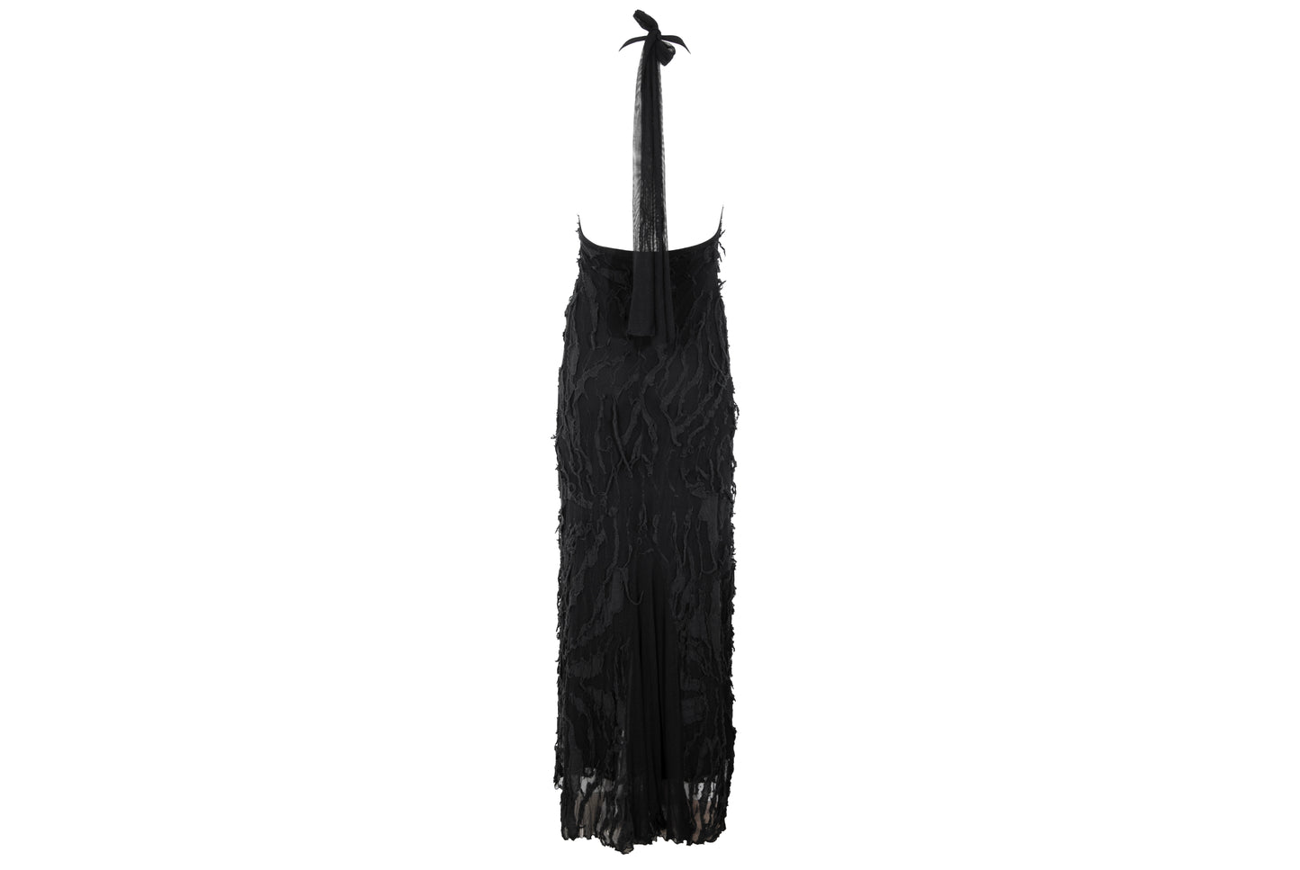 Vintage Italian designer abstract frayed cotton and mesh halter neck maxi dress