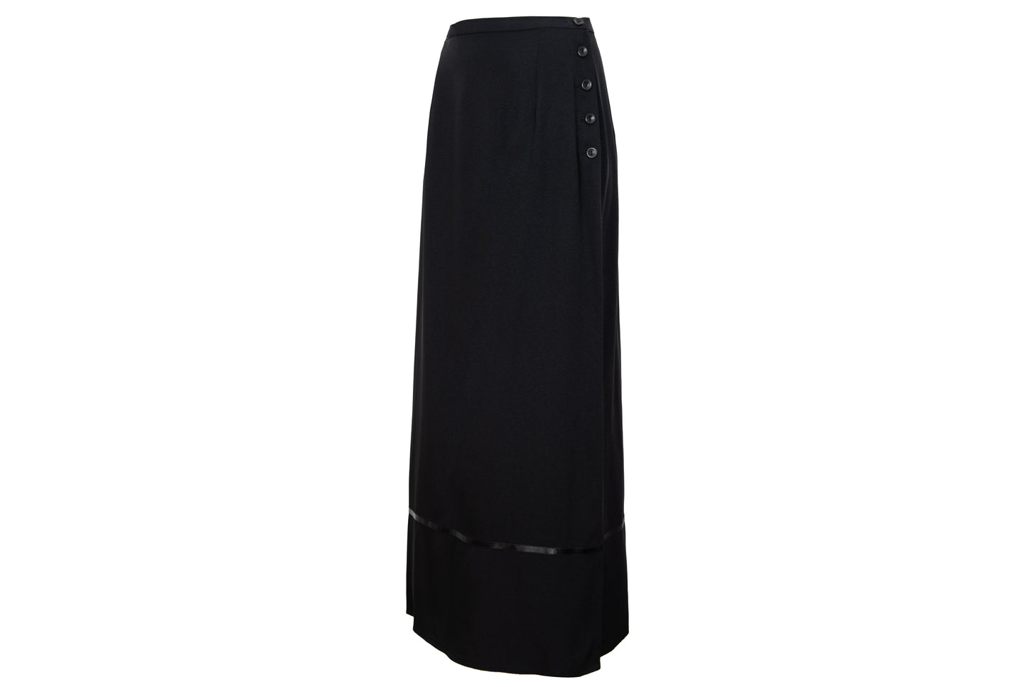 1990s Corinne Sarrut black maxi skirt with side button fastening and satin ribbon detailing