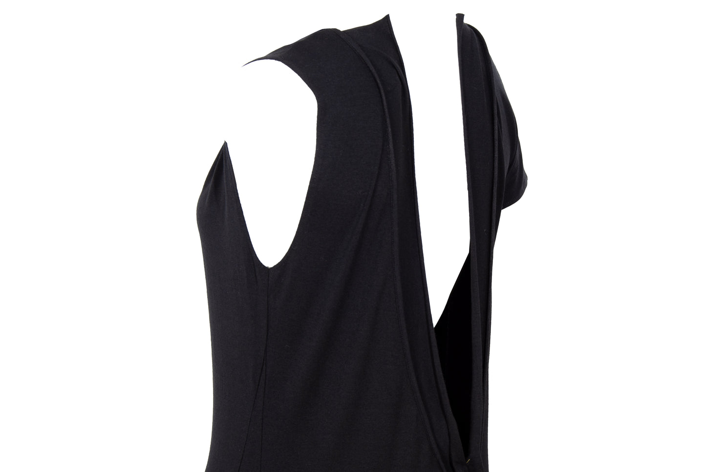 Vintage PierAntonioGaspari minimal black maxi dress with dramatic low back and asymmetrical sleeves