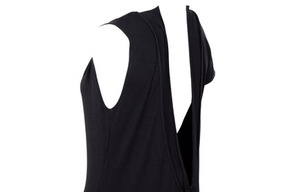 Vintage PierAntonioGaspari minimal black maxi dress with dramatic low back and asymmetrical sleeves