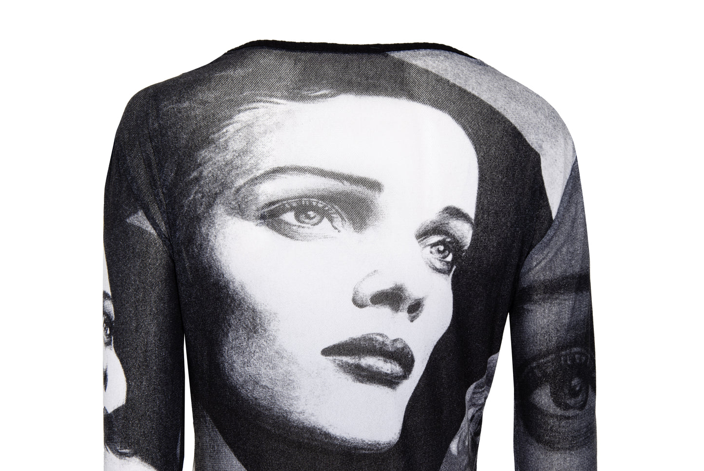 2000s sheer mesh black and white portrait print knit trim cardigan - Made in Italy