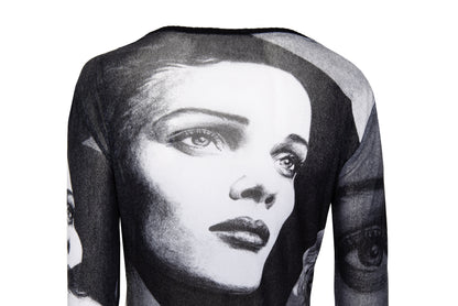 2000s sheer mesh black and white portrait print knit trim cardigan - Made in Italy