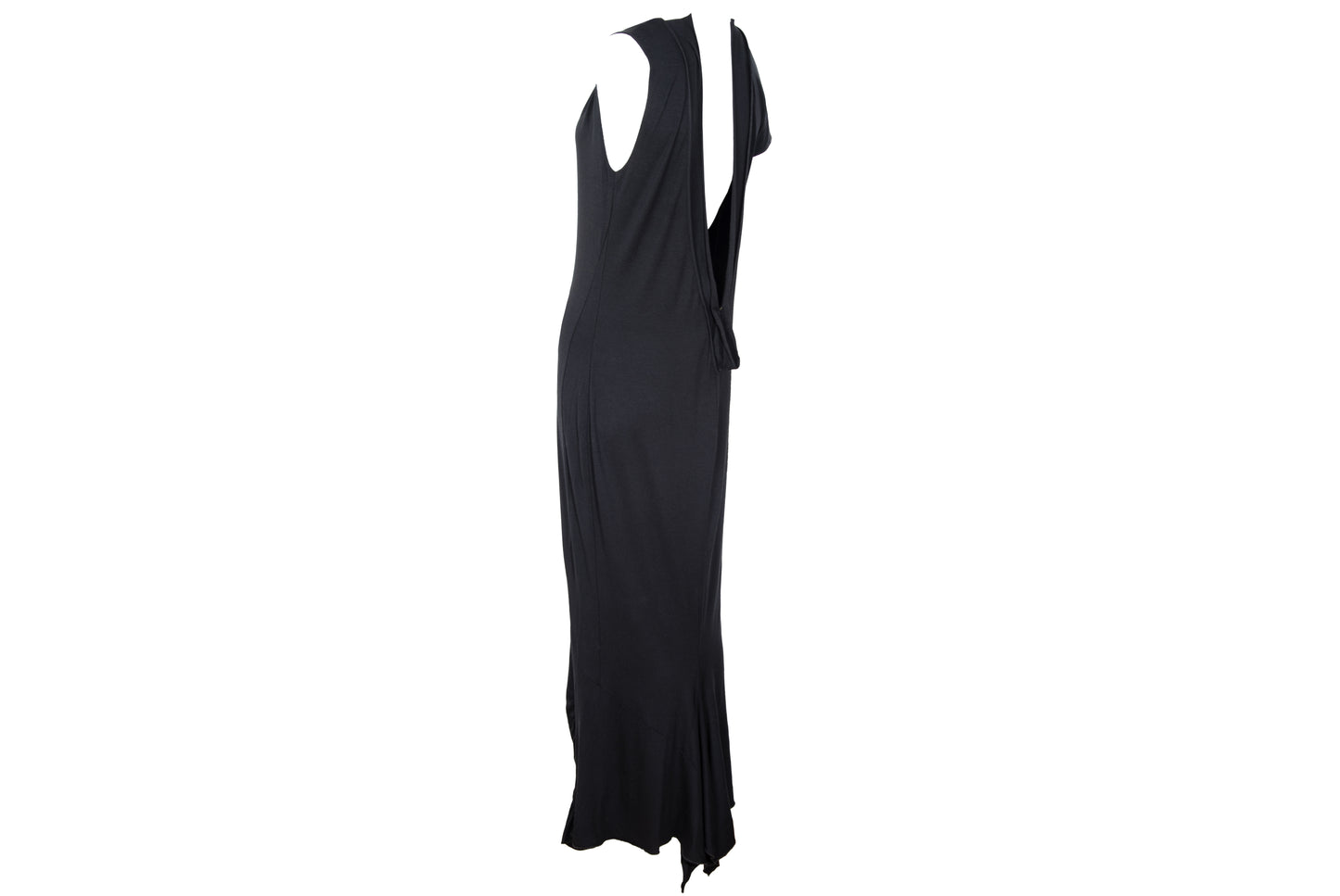 Vintage PierAntonioGaspari minimal black maxi dress with dramatic low back and asymmetrical sleeves